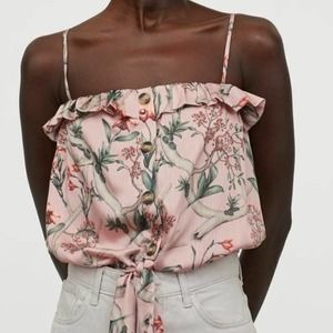 Johanna Ortiz x H&M Tie-hem Satin Pink Blouse Floral